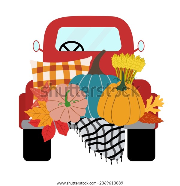 Fall red pickup truck with group of\
pumpkins, pillow, warm blanket, leaves, isolated on white\
background. Vector harvest\
illustration.