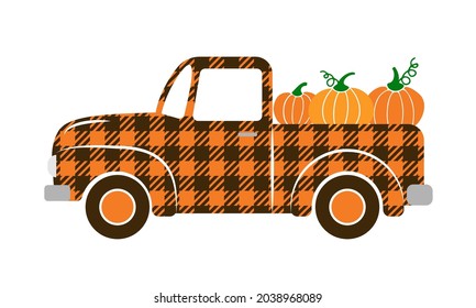 Fall retro truck with pumpkins. Autumn buffalo plaid pickup. Vector template for Thanksgiving  card, banner, poster, flyer, etc.