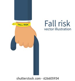 Fall risk. Bracelet on the wrist elderly man. Wooden cane in hand isolated on white background. Walking stick for support. Vector illustration flat design.