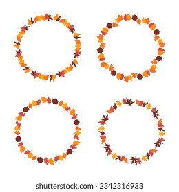 Fall round frames from autumn botanical leaves. Set of autumn leaves circle frame, herbal elements. Fall orange leaves. Can be used as decorations for Back to School, Halloween or Thanksgiving. 