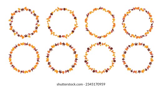 Fall round frames from autumn botanical leaves. Set of autumn leaves circle frame, herbal elements. Fall orange leaves. Can be used as decorations for Back to School, Halloween or Thanksgiving. 