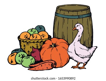 Fall rural still life with gourd, apples, carrots, beets, wicker basket, wooden barrel and goose. Vector illustration on a white background.