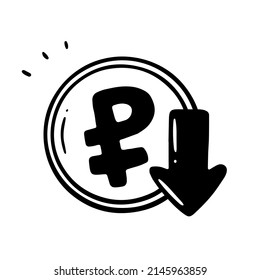 La caída del rublo ruso. Ruble abajo. Una moneda con un símbolo del rublo y una flecha apuntando hacia abajo en un estilo de doodle lineal. Ilustración aislada del vector.
