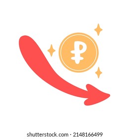 La caída del rublo ruso. Ruble abajo. Moneda con el símbolo del rublo en forma de doodle.