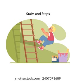 Fall safety alert. Young blonde boy losing balance on ladder and falling down. Need for stairs safety and supervision. Protecting children from injuries and accidents. Flat vector illustration