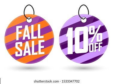 Fall Sale 10% off, Autumn discount tags, banners design template, Thanksgiving Day, app icons, vector illustration