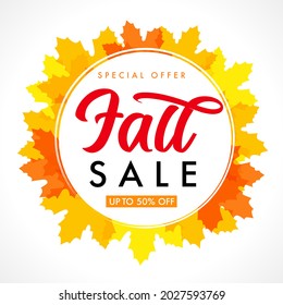 Venta de otoño, hasta el 50% fuera de la web banner en marco hojas de arce naranja sobre fondo blanco. Diseño otoñal para oferta especial, folleto de descuento o póster promocional