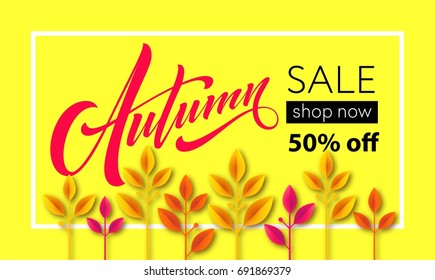 Fall sale background design with colorful paper cut autumn leaves. Vector illustration EPS10