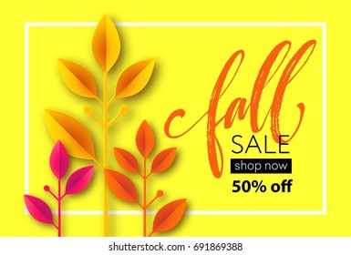 Fall sale background design with colorful paper cut autumn leaves. Vector illustration EPS10