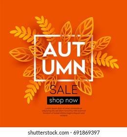 Fall sale background design with colorful paper cut autumn leaves. Vector illustration EPS10