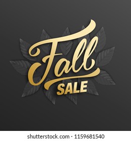 Fall sale. Background design layout with trendy leaves and Fall golden lettering. Autumn sale, promotion, advertisement design.