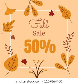 fall sale banner with 50% discount decorate with autumn leaves such as oak, maple, rowan, birch vector illustration in flat style