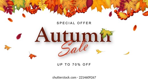 Fall sale banner with bright autumn leaves. Design element for the autumn holidays, events, discounts, and sales. Vector illustration.