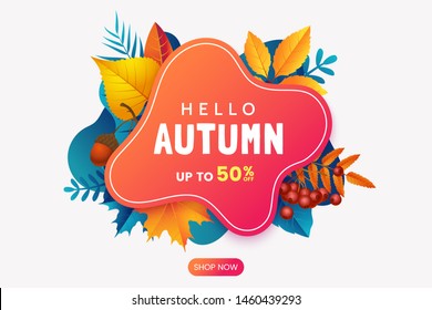 Fall sale banner design. Autumn sale sticker template. Abstract geometric background with colorful falling leaves. Fallen foliage backdrop. Promo badge for your seasonal design. Vector illustration.