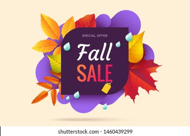 Fall sale banner design. Autumn sale sticker template. Abstract geometric background with colorful falling leaves. Fallen foliage backdrop. Promo badge for your seasonal design. Vector illustration.