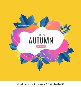 Fall sale banner design. Autumn sale sticker template. Promo badge. Abstract geometric background with colorful falling leaves. Fallen foliage backdrop. Vector illustration