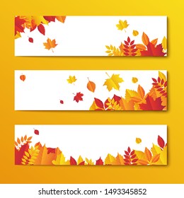 Fall sale banner design. Autumn sale sticker template. Promo badge. Abstract geometric background with colorful falling leaves. Fallen foliage backdrop. Vector illustration