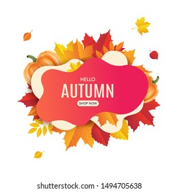 Fall sale banner design. Autumn sale sticker template. Promo badge. Abstract geometric background with colorful falling leaves. Fallen foliage backdrop. Vector illustration