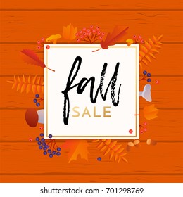 Fall sale banner or poster background with abstract autumnal maple, oak and rowan leaf pattern. Vector golden calligraphy font Fall Sale design on orange wood fence for autumn shopping discount promo.