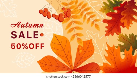 fall sale banner, poster, flyer. Autumn sale, vector illustration with light, warm background, colorful leaves and text. Template for advertising, web, social network. Sale, 50% off. 