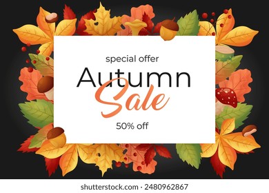 Fall sale, banner poster on black background. Black Friday. On the background leaves, mushrooms.