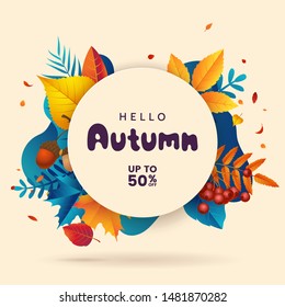 Fall Sale Banner Template. Autumn Abstract Geometric Background With Fallen Leaves, Berries, Acorns. Autumn Decorative Poster. Promo Badge For Your Seasonal Design. Vector Illustration.