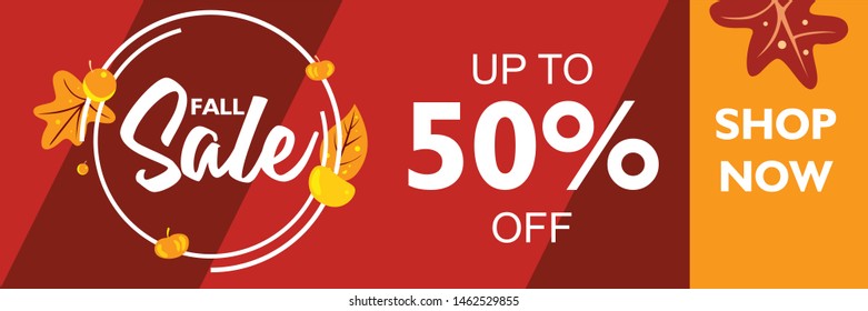 Fall sale banner template with maple leaves on colorful background. Special offer up to 50% off. Poster design layout with autumn theme for promotion and publication. Vector illustration
