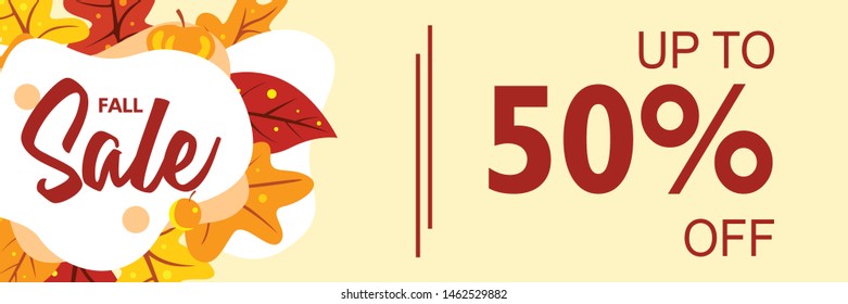 Fall sale banner template with maple leaves on colorful background. Special offer up to 50% off. Poster design layout with autumn theme for promotion and publication. Vector illustration