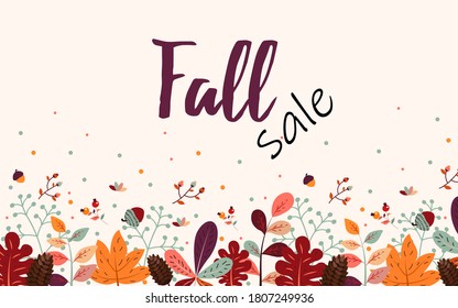 Fall sale banner template with maple leaves and space for text. Background with plants and leaves. Poster design layout with autumn theme for promotion, greeting cards, posters. Vector illustratration