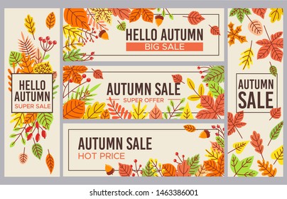 Fall sale banners. Autumn season sales promotion banner, seasons discount and autumnal poster with fallen leaves. September advertising foliage flyer labels. Isolated vector icons set