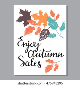 Fall sale card design. Autumnal banner. Leaves, isolated on white background. Enjoy autumn sales. Calligraphic text, handwritten