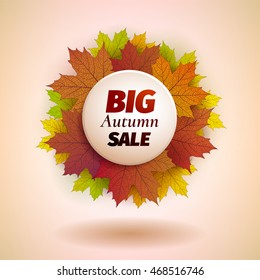 Fall sale design. Autumn discount. Vector fall leaves. Vector fall sale poster.  illustration with colorful autumn leaves.  Can be used in business for advertising, banners or posters.
