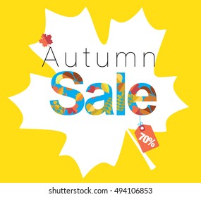 Fall sale design with maple leaf on the yellow background and hanging tag suitable for poster, card, banner. Autumn sale with leaves decoration. vector illustration.