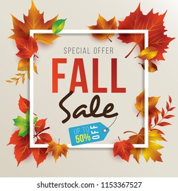 Fall Sale Design Template with Realistic Autumn Leaves and Square Frame