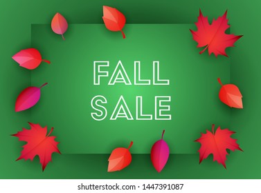 Fall Sale flyer design with green background. Text in frame and red autumn leaves. Vector illustration can be used for retail banners, posters, leaflets