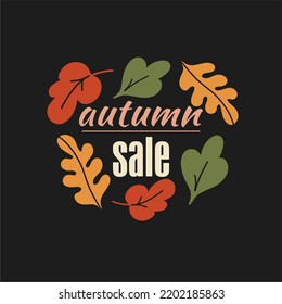 Fall Sale Flyer Template With Lettering. Autumn Leaves With Tnxt On Black Background. Poster, Postcard, Label, Banner Design.