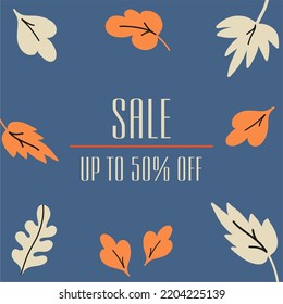 Fall Sale Flyer Template With Lettering. Autumn Leaves With Text On A Blue Background. Poster, Postcard, Label, Banner Design.