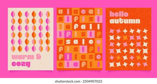 Fall sale flyers set. Autumn themed bright covers collection. Fall leaves, simple geometric patterns for design. Vertical Template for print. Vector for seasonal offers,presentation,shopping