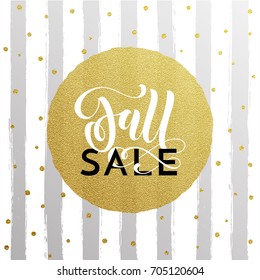 Fall sale gold glitter pattern background for autumn fashion shopping discount or shop promo luxury premium poster. Vector golden calligraphy font Fall Sale design in circle on stripe background