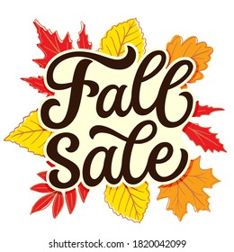 Fall sale. Hand lettering text with fall leaves on white background. Vector typography far banners, posters, cards
