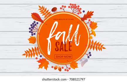 Fall sale leaf pattern background of autumnal maple, oak or rowan leaf for autumn shopping discount or shop promo. Vector golden calligraphy font Fall Sale design in orange circle on white background