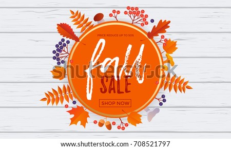 Fall sale leaf pattern background of autumnal maple, oak or rowan leaf for autumn shopping discount or shop promo. Vector golden calligraphy font Fall Sale design in orange circle on white background