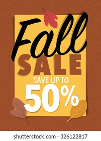 Fall sale leaf sign 50 percent offer over brown background