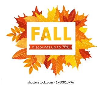 Fall sale lettering background vector illustration. Cartoon flat discount offer promotion card for shopping in fall season with falling autumnal golden dry tree leaves, orange floral autumn web banner