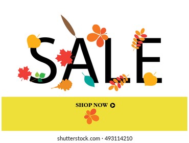 Fall Sale letters with autumn leaves. Sale vector illustration.