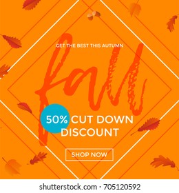 Fall sale poster discount text for autum fall shopping promo or autumnal shop design. Vector maple and oak acorn leaf foliage, mushroom and berry background for leaflet or sale web banner