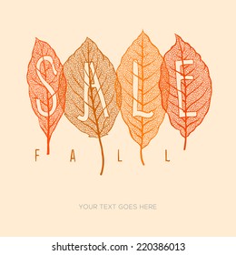 Fall sale poster with dried leaves and simple text, vector illustration. 