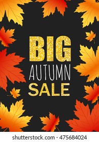 Fall sale poster with golden letters. Big autumn sale