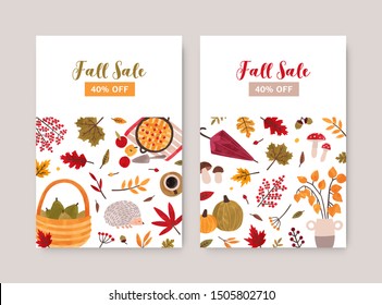 Fall sale poster vector template. Autumn seasonal clearance discount flyers, advertising brochure page design layout with cozy hand drawn illustrations. 40 percent price off special offer leaflet.