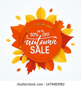 Fall sale promotion design with vibrant leaves. Vector template for advertising, web banners, posters, gift cards, etc.